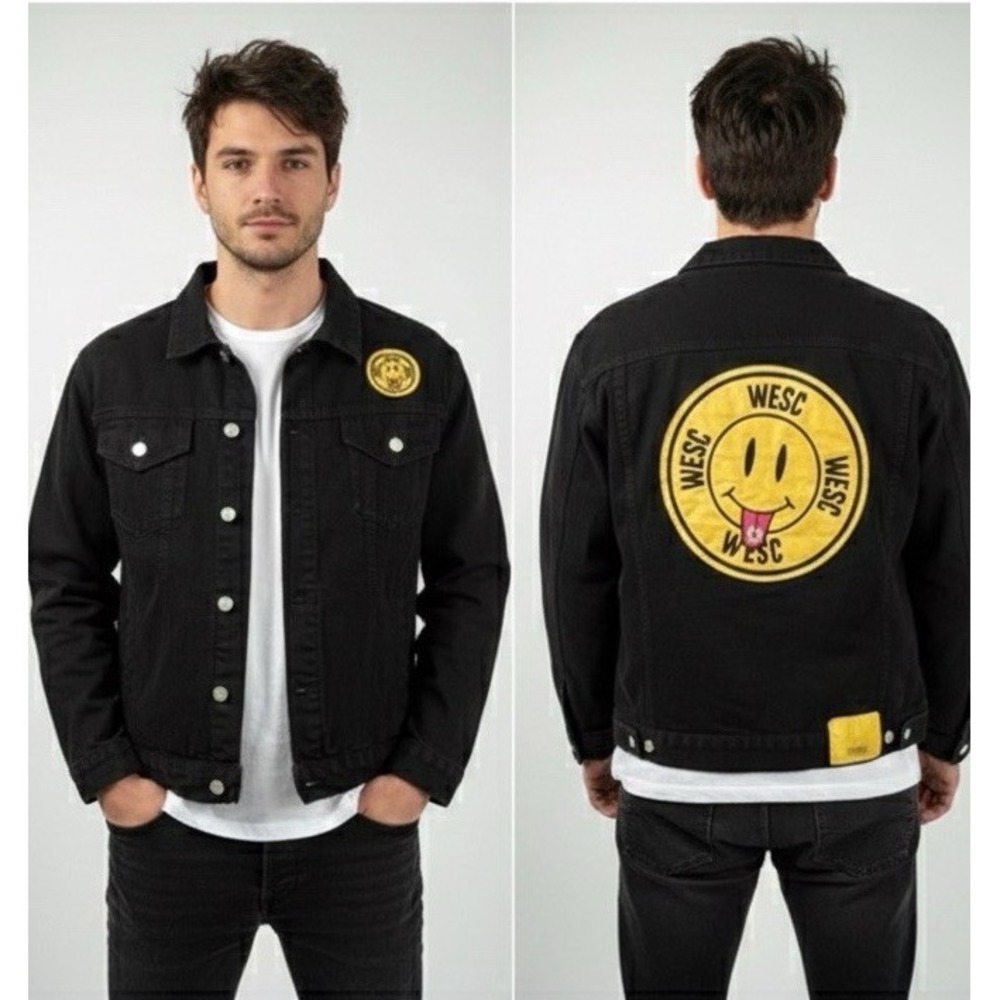 WeSC Black Denim Jacket Mens M Womens L Smiley Face Patches Streetwear Skate